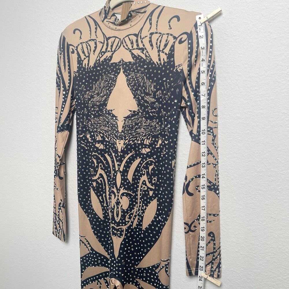 BANJUL Rhinestone Bodysuit Catsuit Nude Black Tribal Print Stretch Jumpsuit - Picture 5 of 15